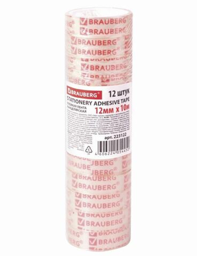 Клейкие ленты 12 мм х 10 м канцелярские, BRAUBERG, комплект 12 шт., прозрачные, гарантированная длина, скотч 223122