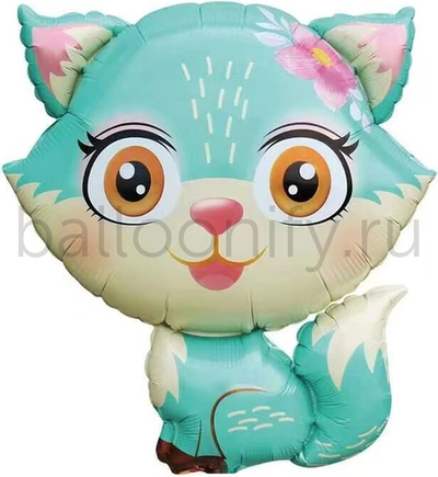 Шар (27''/69 см) Фигура, Лисенок с цветком, Бирюзовый, 1 шт.