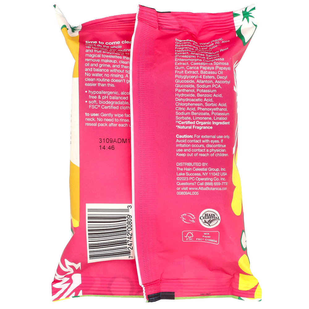 Alba Botanica, Hawaiian, очищающие салфетки 3 в 1, с ананасовым ферментом, 25 влажных салфеток