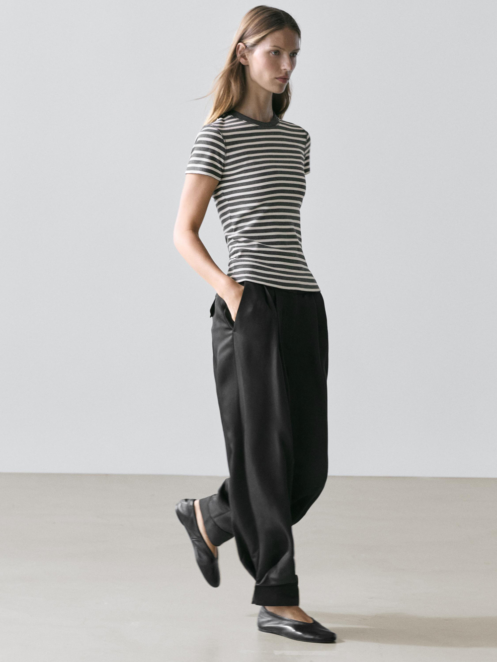 Massimo Dutti Хлопковая футболка в полоску, серый