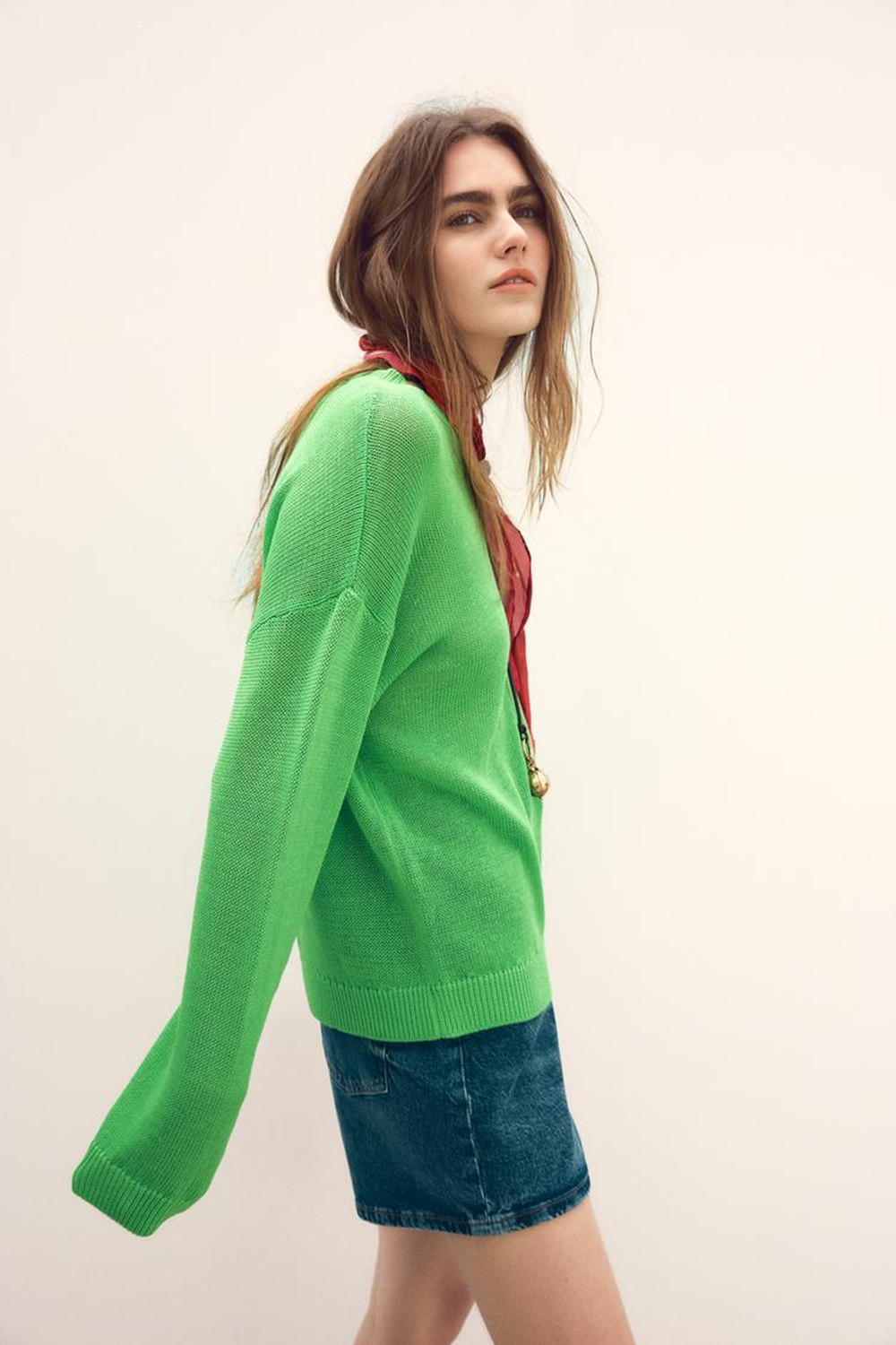 ZARA ОДНОТОННЫЙ СВИТЕР ПРЯМОГО КРОЯ, ЗЕЛЕНЫЙ