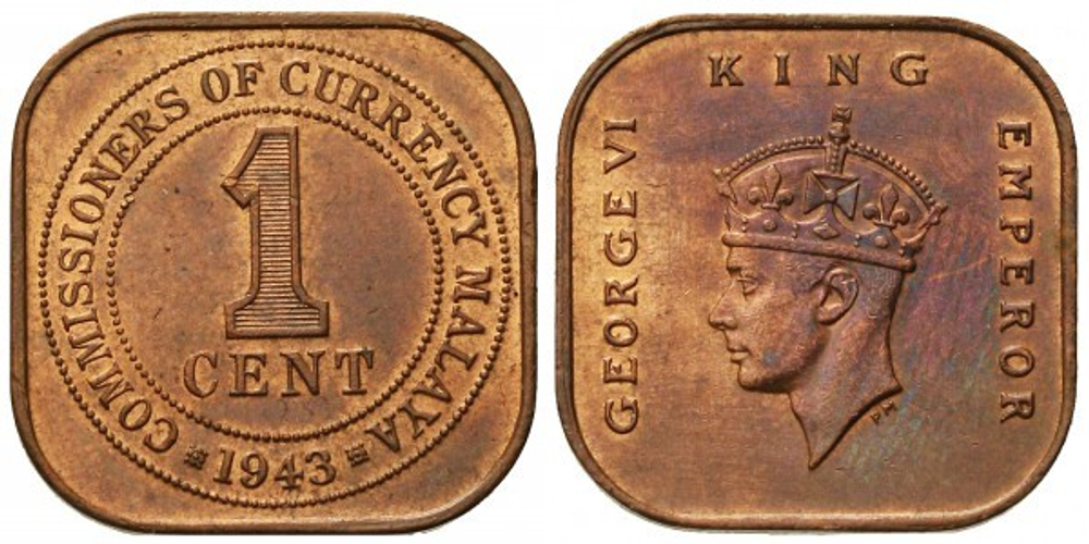 Малайя 1 цент, 1943 - 1945 Король Георг VI XF