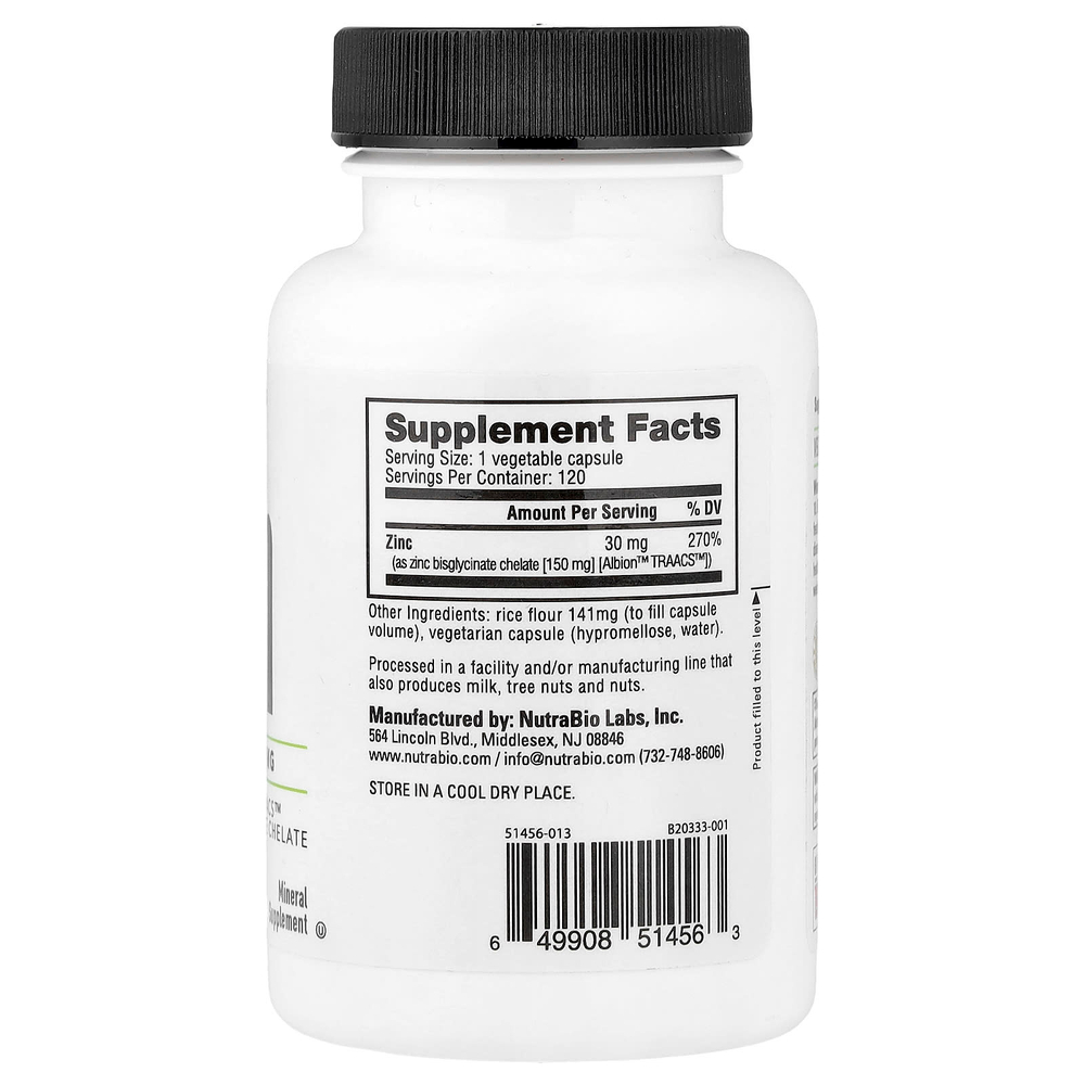 NutraBio, цинк, 30 мг, 120 капсул