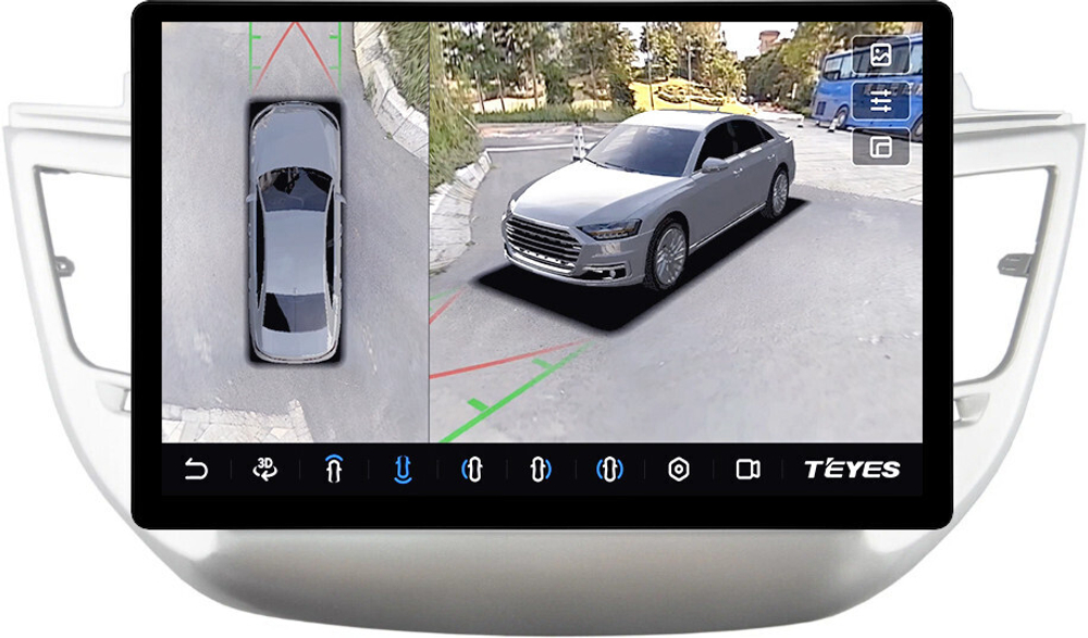 Магнитола для Hyundai Tucson 3 2015-2018 (без штатной КЗВ, рамка серебро) - Teyes CC3-2K-360 монитор 13" 2K QLED на Android 10, 6Гб+128Гб, CarPlay, 4G SIM-слот, 4 камеры в комплекте