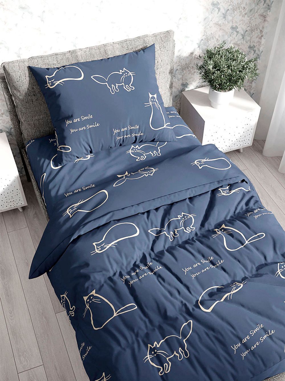 Постельное белье Simple House "Котики (полисатин)" 1,5-сп Наволочка 70х70 см 1 шт Простынь на резинке 90х200 см Пододеяльник 145х215 см