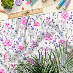 Ткань шифон розовые цветы и колокольчики на белом фоне