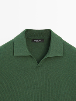 Massimo Dutti Трикотажный свитер из смесового хлопка с воротником-поло, утино-зеленый