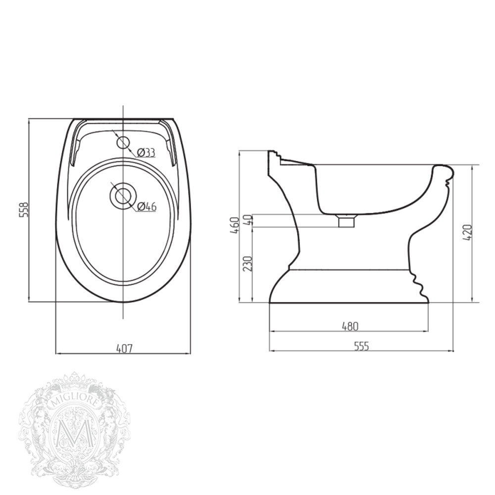 Биде напольное Migliore Milady Milady ML.MLD-25.732.D2, декор золото схема