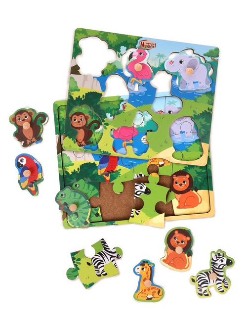 Вкладыши Джунгли 2в1 вкладыши и пазлы 8 жителей джунглей 12 деталей пазла