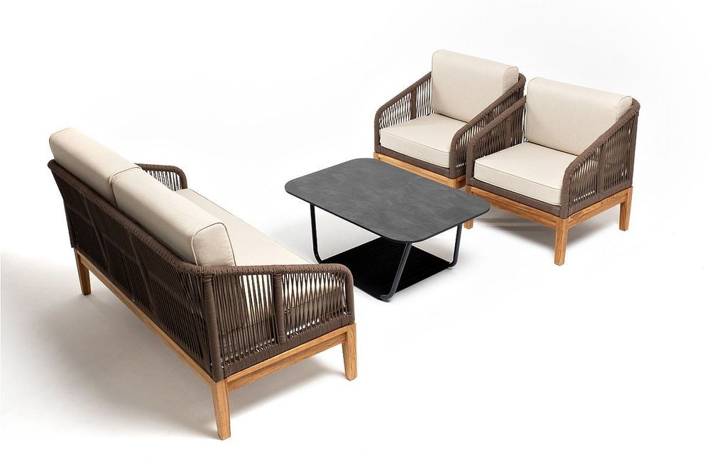 "Канны" лаунж-зона 4-местная из роупа со столом "Гранада" (серый гранит), основание дуб, роуп коричневый, ткань бежевая