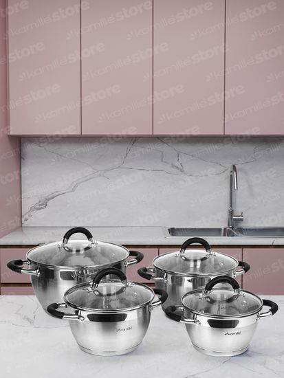 Набор кастрюль 8 предметов из нержавеющей стали Kamille KM 5755 (1,8 л; 2,5 л; 3,5 л; 5,3 л) с силиконовыми вставками на ручках