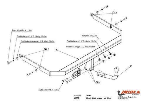 Фаркоп IMIOLA X.010 Ford Focus хетчбек 2011-, Mazda 3 хетчбек 2003-2013, Mazda 3 седан 2004-2009(паспорт и сертификат в комплекте)(без электрики)