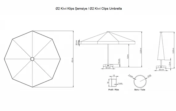 Зонт пляжный со стационарной базой Kiwi Clips&amp;Base, Ø200 см, бежевый