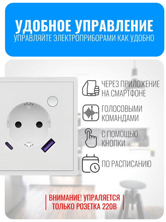 Умная Wi-Fi розетка с зарядным устройством USB и Type-C Smart Aura серия COSMO