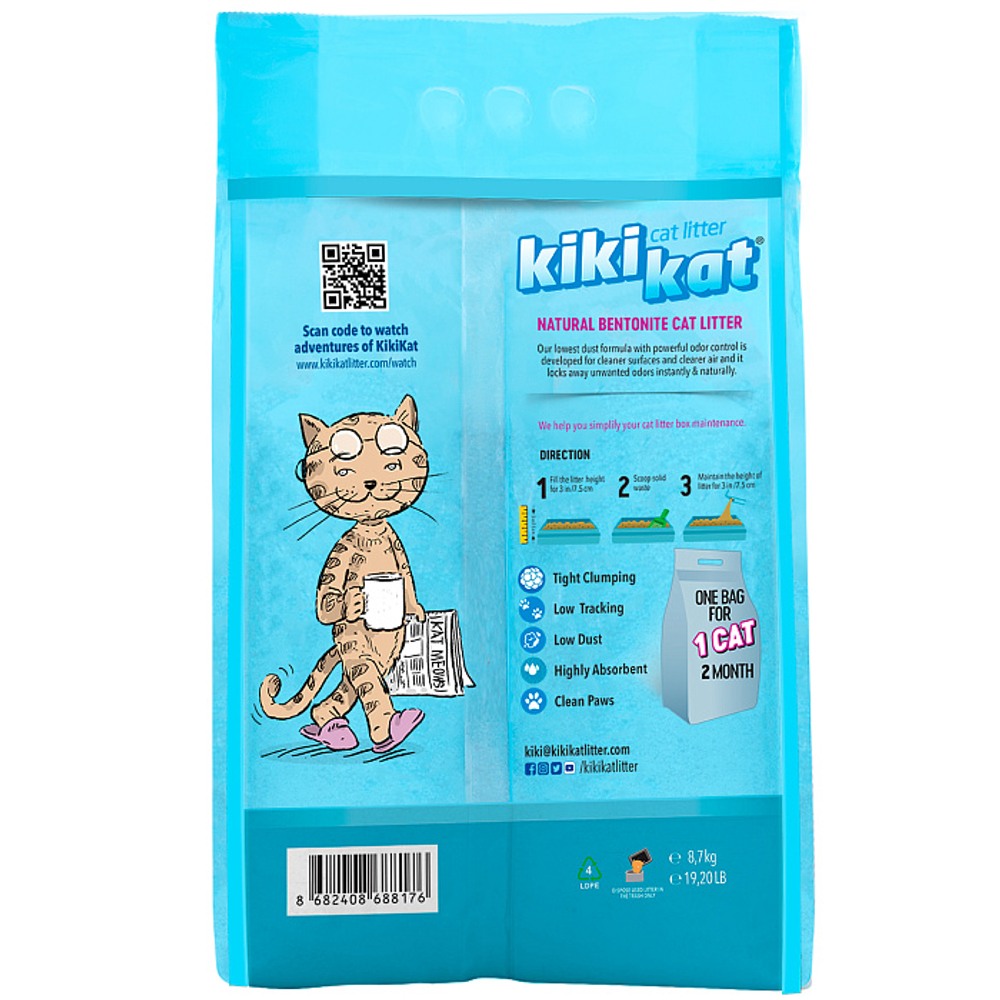 Бентонитовый наполнитель для кошачьего туалета KikiKat супербелый комкующийся, с ароматом горной свежести, 10 л