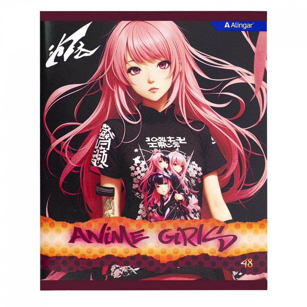 Тетрадь 48л., А5, клетка, Alingar "Anime girls", скрепка, мелованный картон (стандарт), выб УФ лак, блок офсет, 4 дизайна в пленке т/у