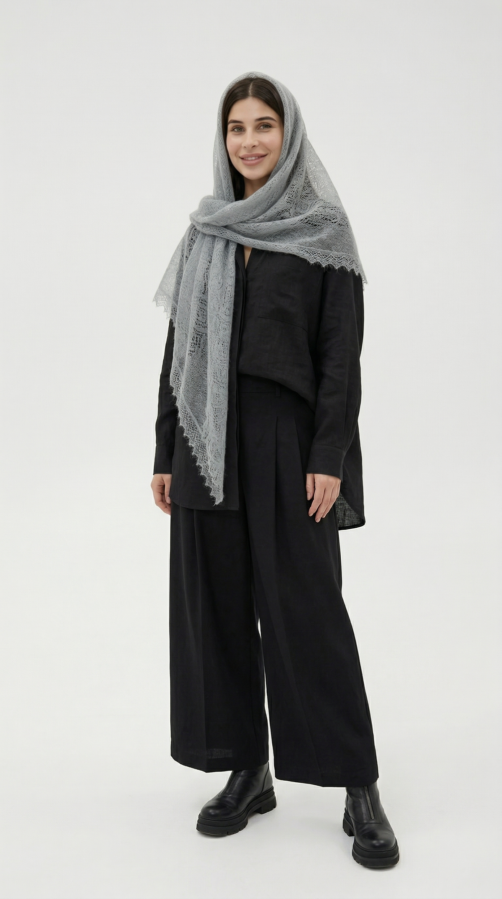 Оренбургский пуховый платок-косынка П3-130184-03 серый