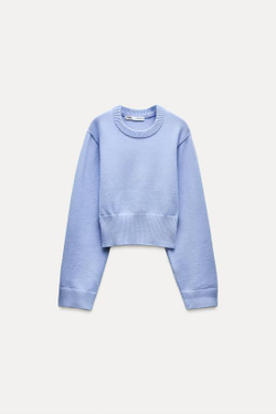 ZARA ОДНОТОННЫЙ СВИТЕР С ШИРОКИМИ РУКАВАМИ, ГОЛУБОЙ