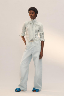 ZARA РУБАШКА С ДЛИННЫМИ РУКАВАМИ И КРУЖЕВОМ - LIMITED EDITION, ЦВЕТ МОРСКОЙ ВОЛНЫ