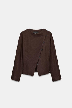 ZARA ДВУБОРТНАЯ КУРТКА ИЗ ЛЬНА, ШОКОЛАДНО-КОРИЧНЕВЫЙ