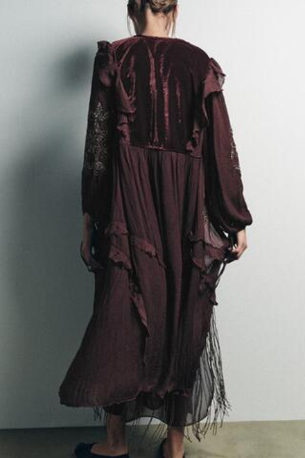 ZARA КОМБИНИРОВАННЫЙ ТОП ИЗ ЖОРЖЕТА С ПАЙЕТКАМИ, ВИННЫЙ