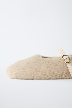 ZARA БАЛЕТКИ С ИСКУССТВЕННЫМ МЕХОМ, БЕЖЕВЫЙ