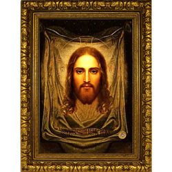 Спас Нерукотворный. Икона Иисуса Христа на холсте с мощевиком.