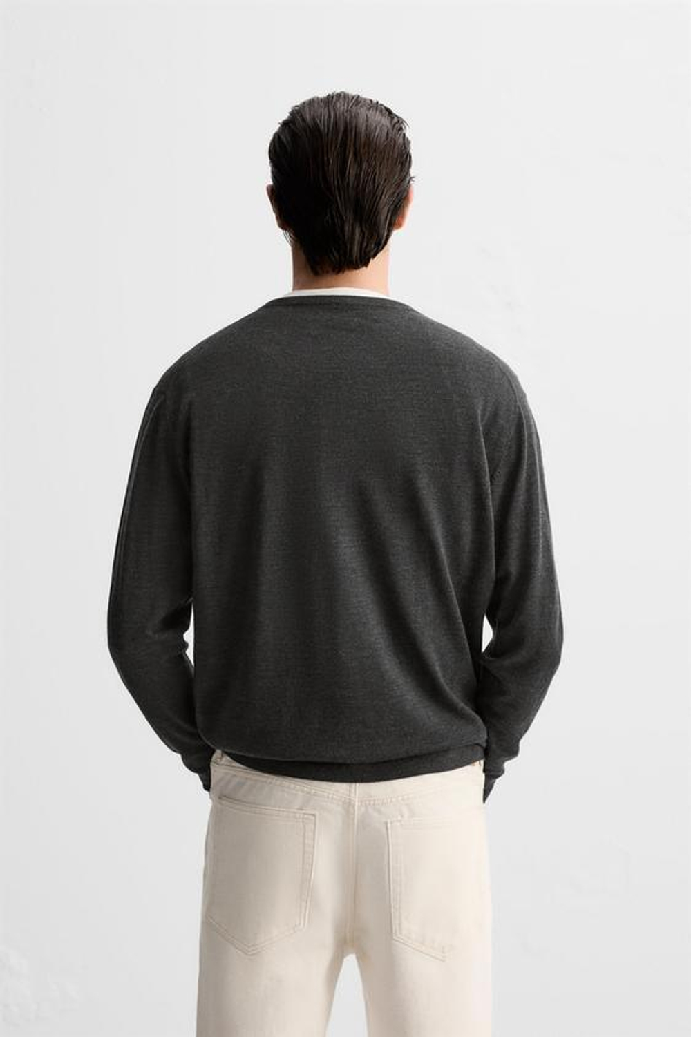 ZARA СВИТЕР ИЗ ЛЕГКОЙ ШЕРСТИ И КАШЕМИРА С V-ОБРАЗНЫМ ВЫРЕЗОМ, СЕРЫЙ С МЕЛАНЖЕВЫМ ЭФФЕКТОМ