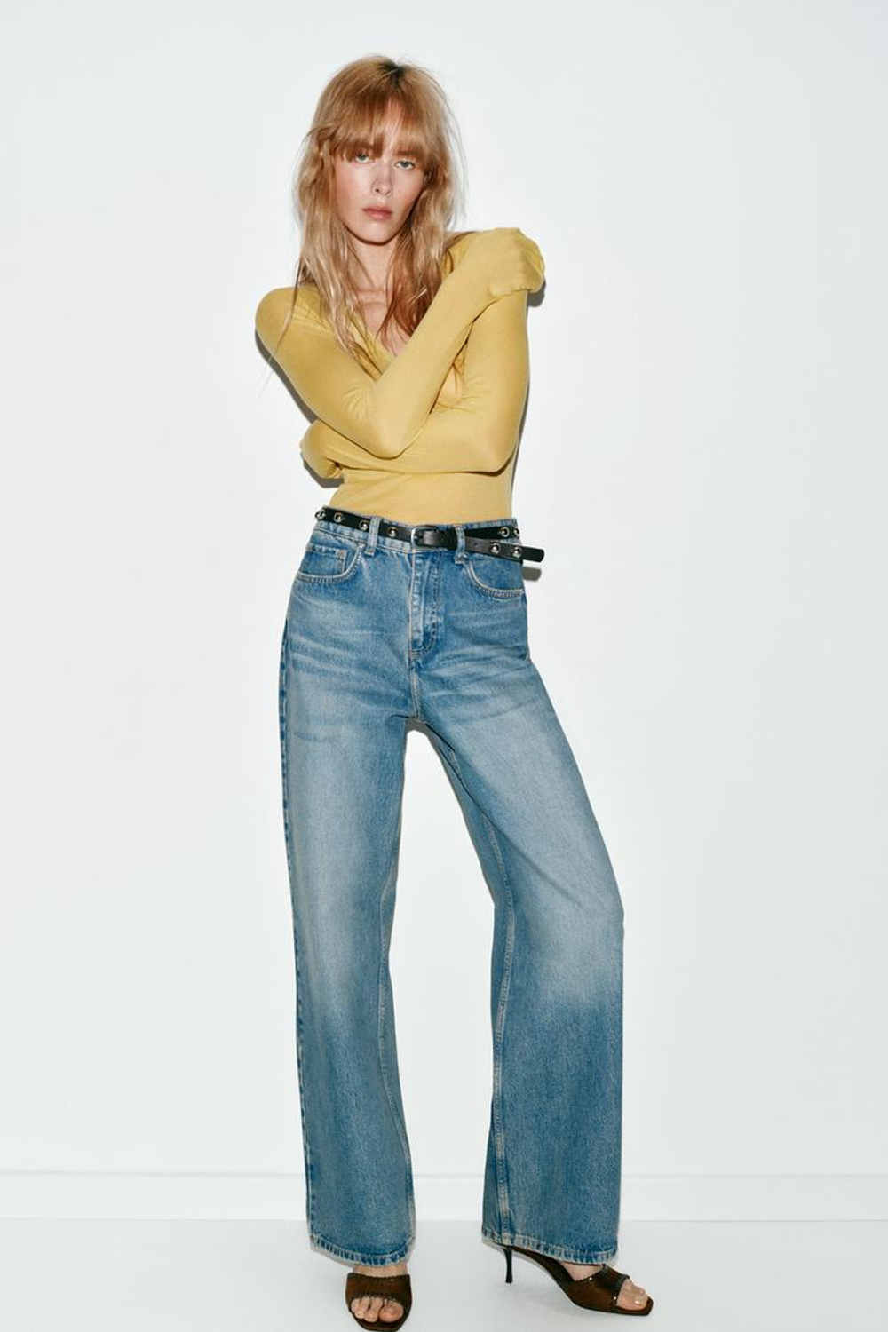 ZARA ДЖИНСЫ Z1975 С ВЫСОКОЙ ПОСАДКОЙ, ЗАУЖЕННЫЕ КНИЗУ, С РЕМНЕМ, ГОЛУБОЙ