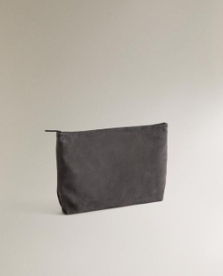 ZARA HOME БОЛЬШАЯ КОЖАНАЯ КОСМЕТИЧКА-КЛАТЧ, ТЕМНО-СЕРЫЙ