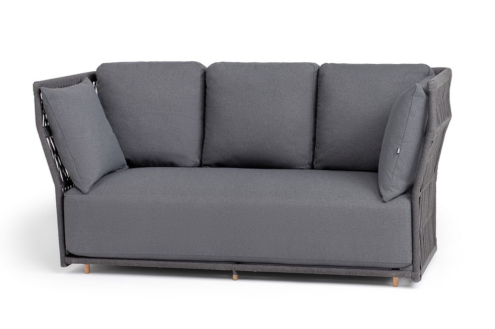 "Лугано" диван 3-местный плетеный из роупа, каркас алюминий темно-серый (RAL7024) муар, роуп темно-серый круглый, ткань темно-серая YB25-0027