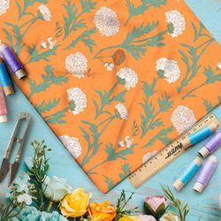 Ткань премиум Оксфорд 600D белые цветочки на оранжевом