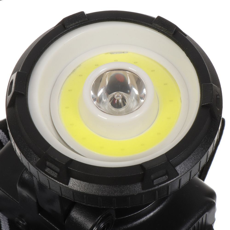 Фонарь налоб, встр акк, Ultraflash, LED5368, зар от сет220В, зар отUSB, пластик, чер, 1Вт LED+1,5Вт