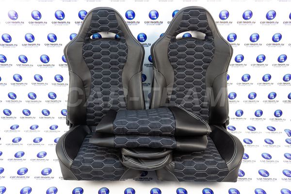 Сиденья "Recaro" (Рекаро) в сборе на ВАЗ 2108, 2109, 21099, 2113, 2114, 2115 из экокожи+алькантара с узором "Крупные соты"