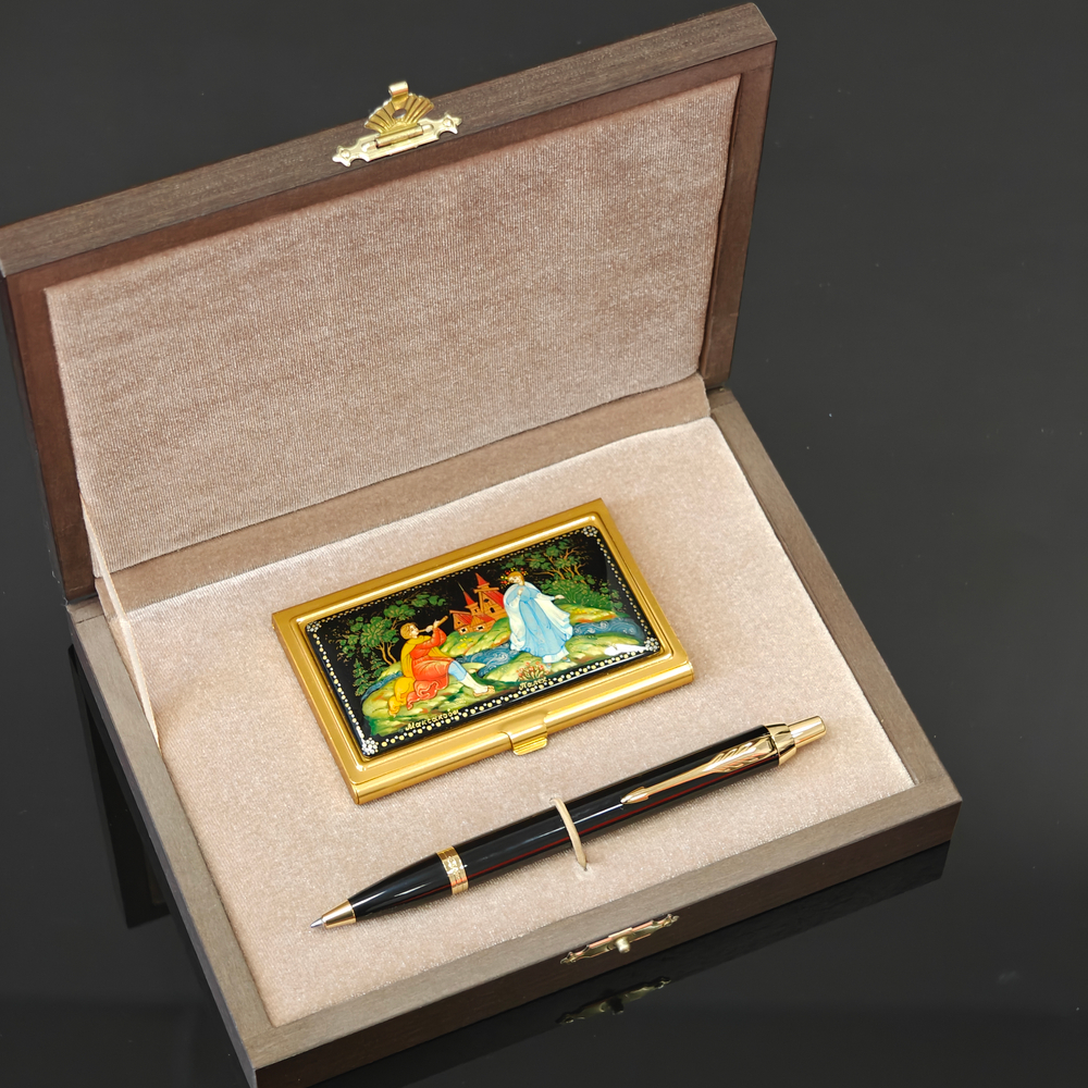 Набор "Пастушок" визитница персональная с ручной росписью и ручка Parker