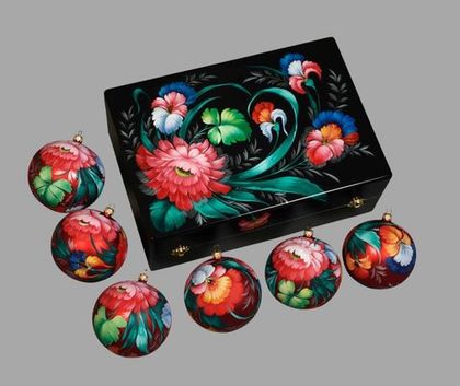 Zhostovo Christmas balls in wooden box - set of 6 balls SET04D-667785780