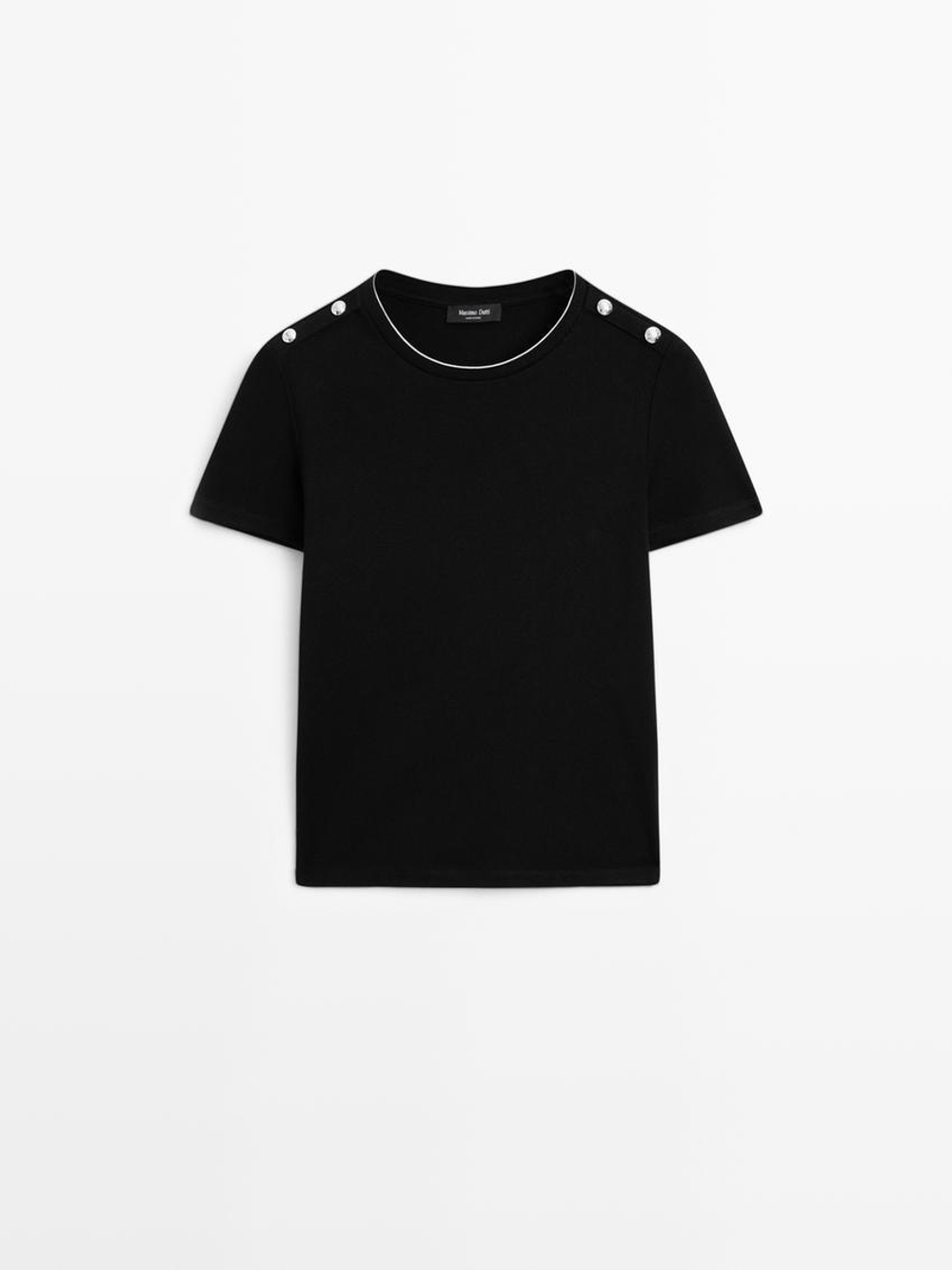Massimo Dutti Футболка с коротким рукавом и пуговицами на плечах, черный