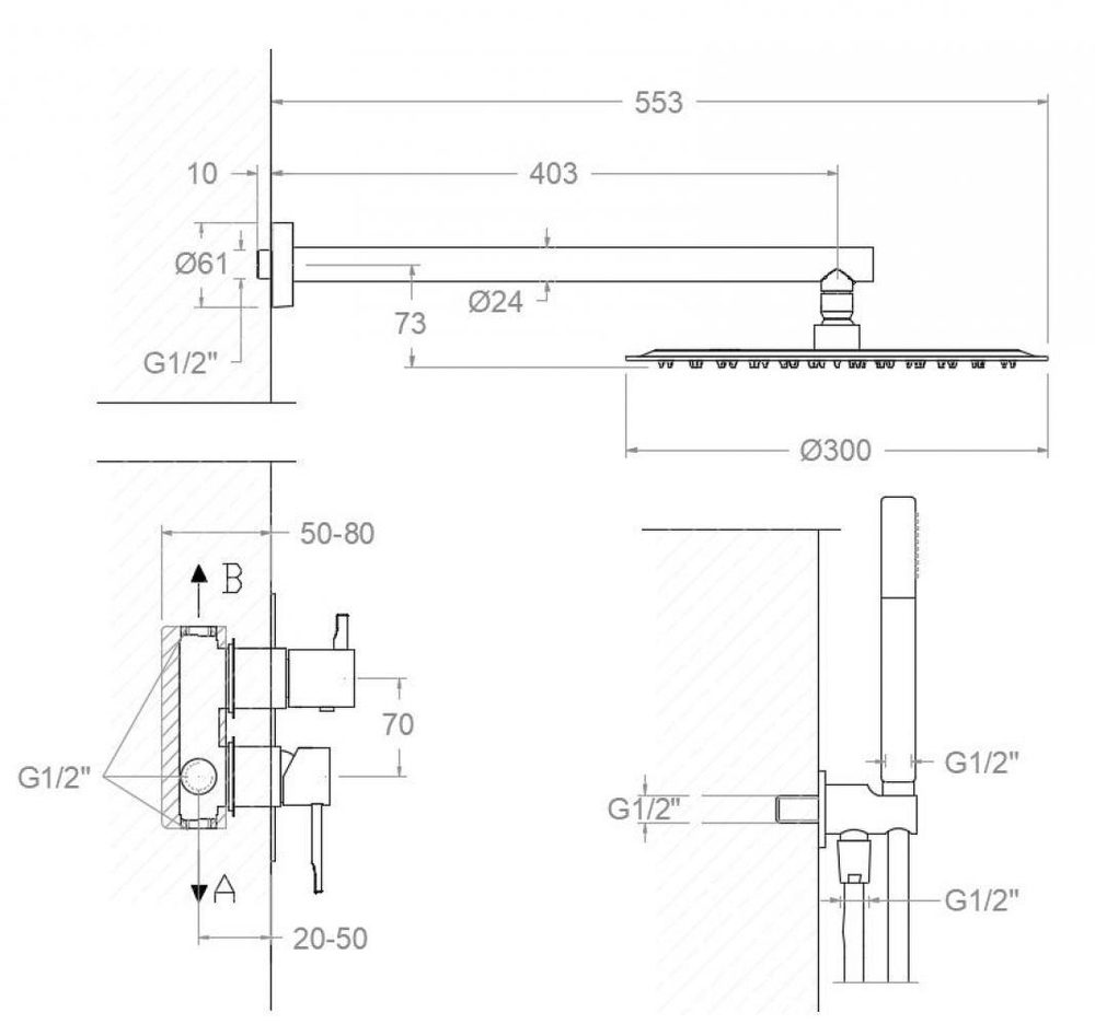 Встраиваемый смеситель для душа на 2 выхода с тропическим и ручным душем ODISEA K3915122NM черный
