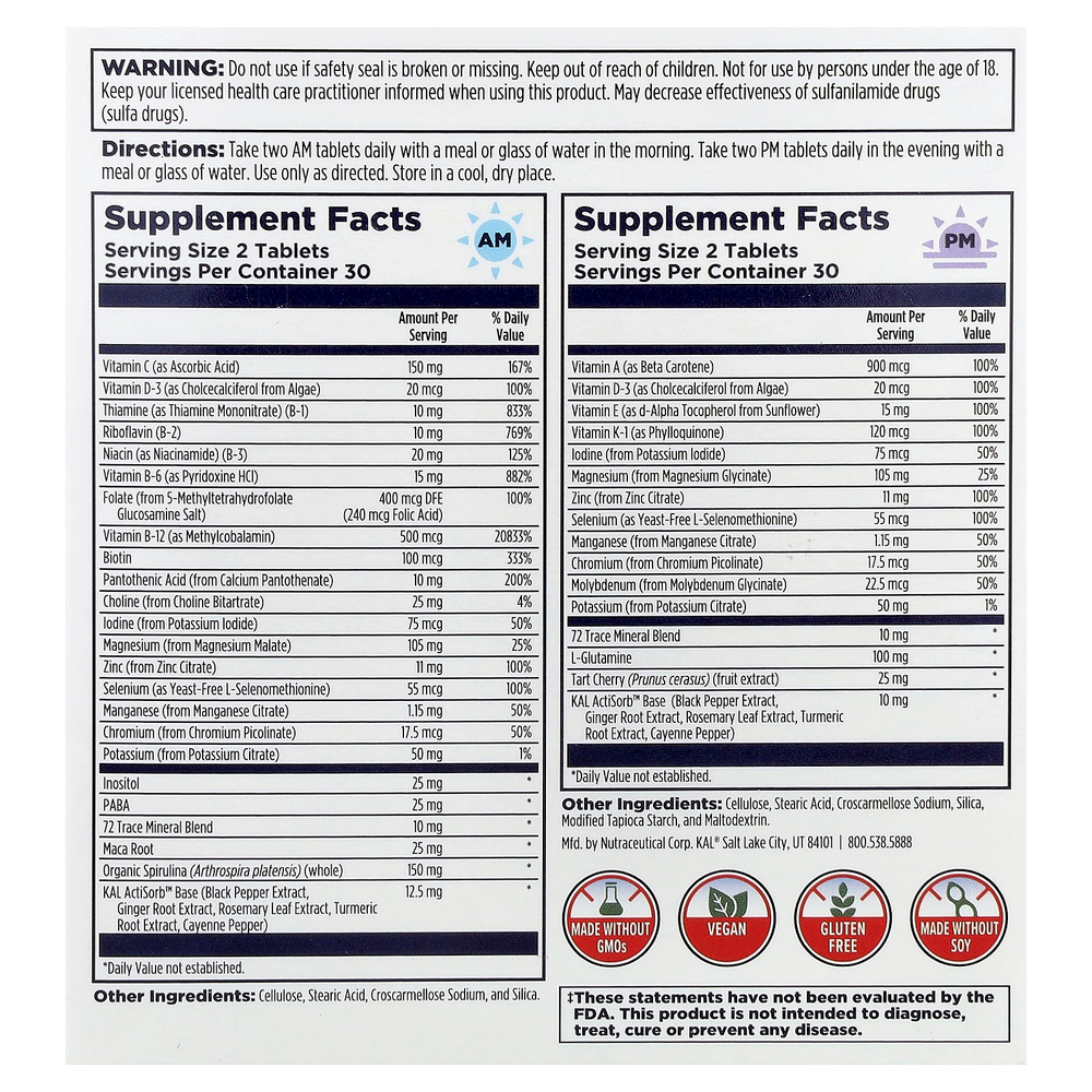KAL, Мультивитамины для мужчин, для приема утром и вечером, 2 пакетика, 60 таблеток в каждом