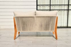 "Сидней" диван 2-местный плетеный из роупа, основание тик, каркас алюминий бежевый, роуп бежевый, ткань бежевая