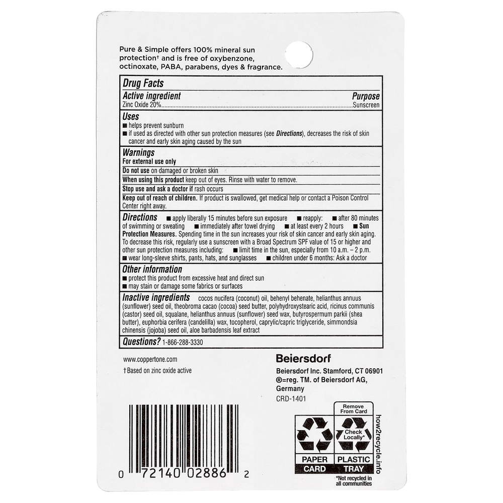 Coppertone, Baby, Pure & Simple, солнцезащитный стик, SPF 50, 13,9 г (0,49 унции)