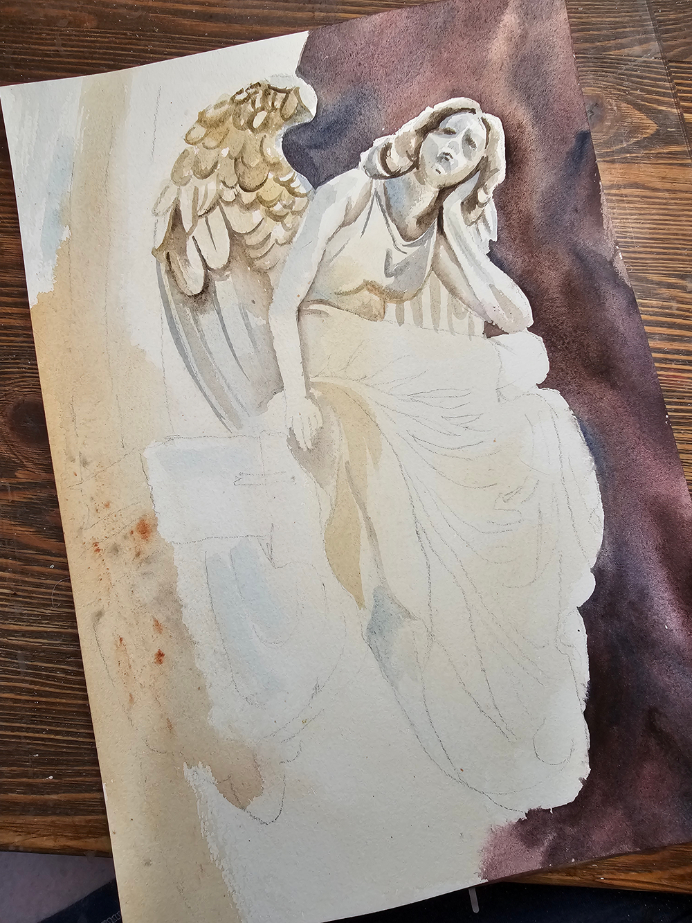 Картина авторская акварельная в паспарту 30х40 см на стену для интерьера "Ангел ночи"