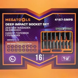 Набор головок ударных глубоких 16пр. 1/2"6pt MEGATOOLS MT-4167-5MPB