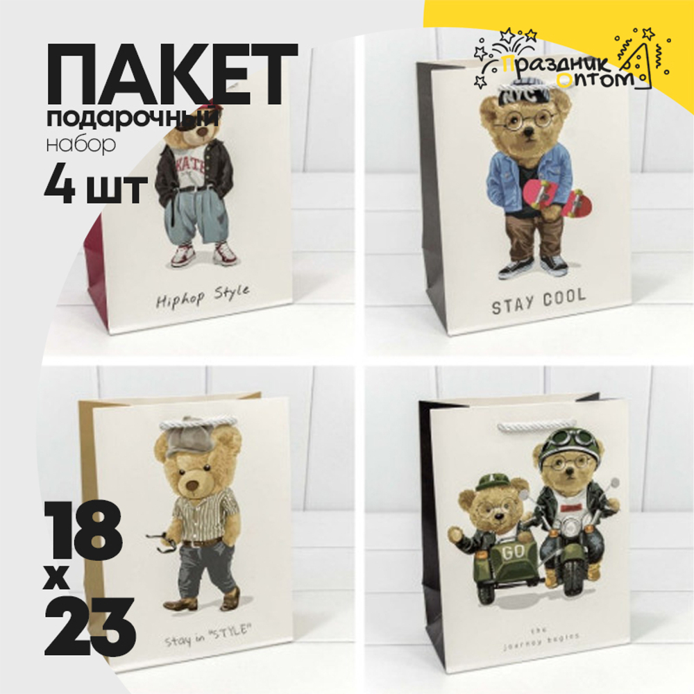 Пакет подарочный 18х23х10см "Стильные мишки" (Микс)