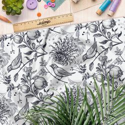 Ткань саржа эскизные птицы с веткой граната