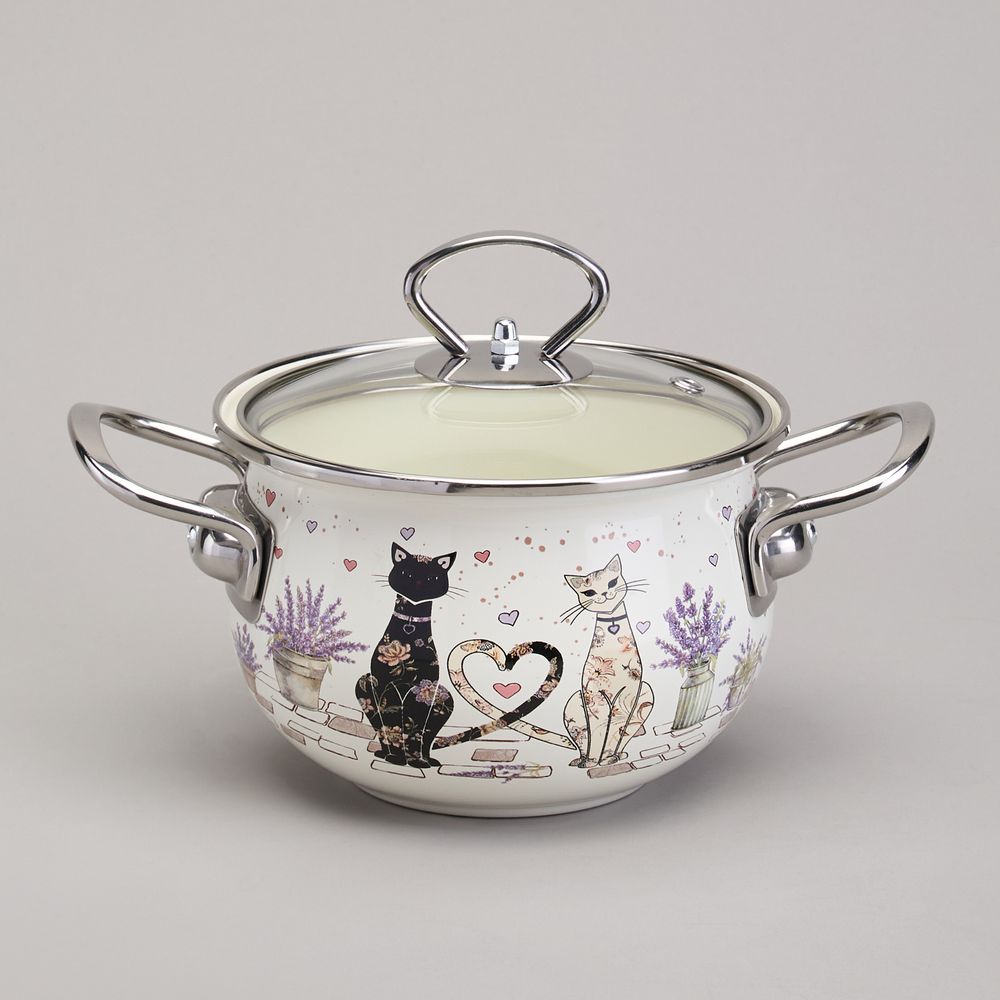 КАСТРЮЛЯ AGNESS ЭМАЛИРОВАННАЯ СО СТЕКЛЯННОЙ КРЫШКОЙ СЕРИЯ "LAVENDER CATS", 1,5 Л ДИА. 16СМ