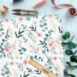 Ткань габардин нежные розовые цветы и полевые листья