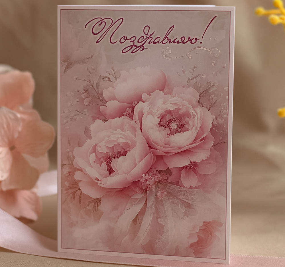 Открытка с поздравлением — с нежными пионами и тёплым пожеланием внутри