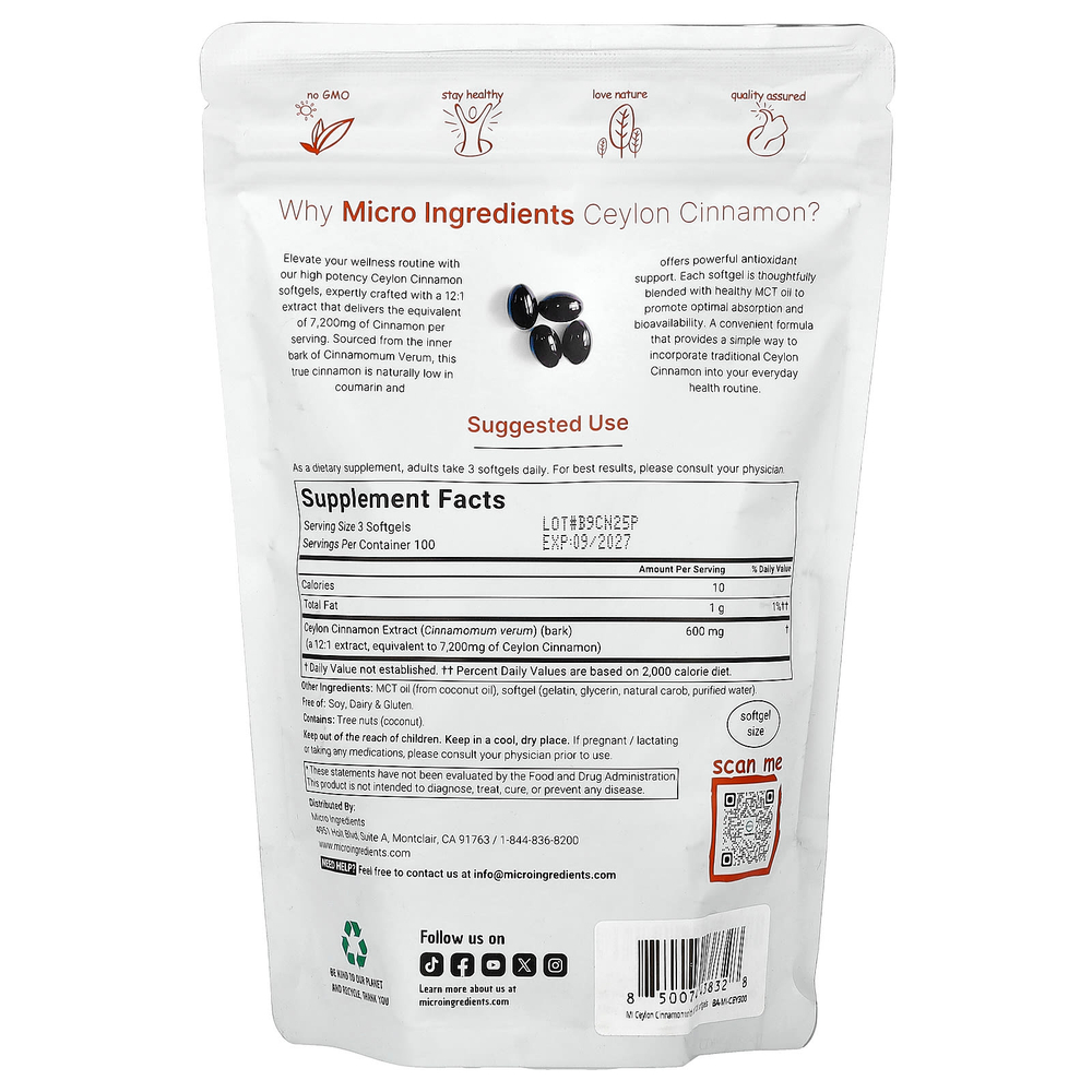 Micro Ingredients, цейлонская корица, 300 капсул (200 мг в 1 капсуле)