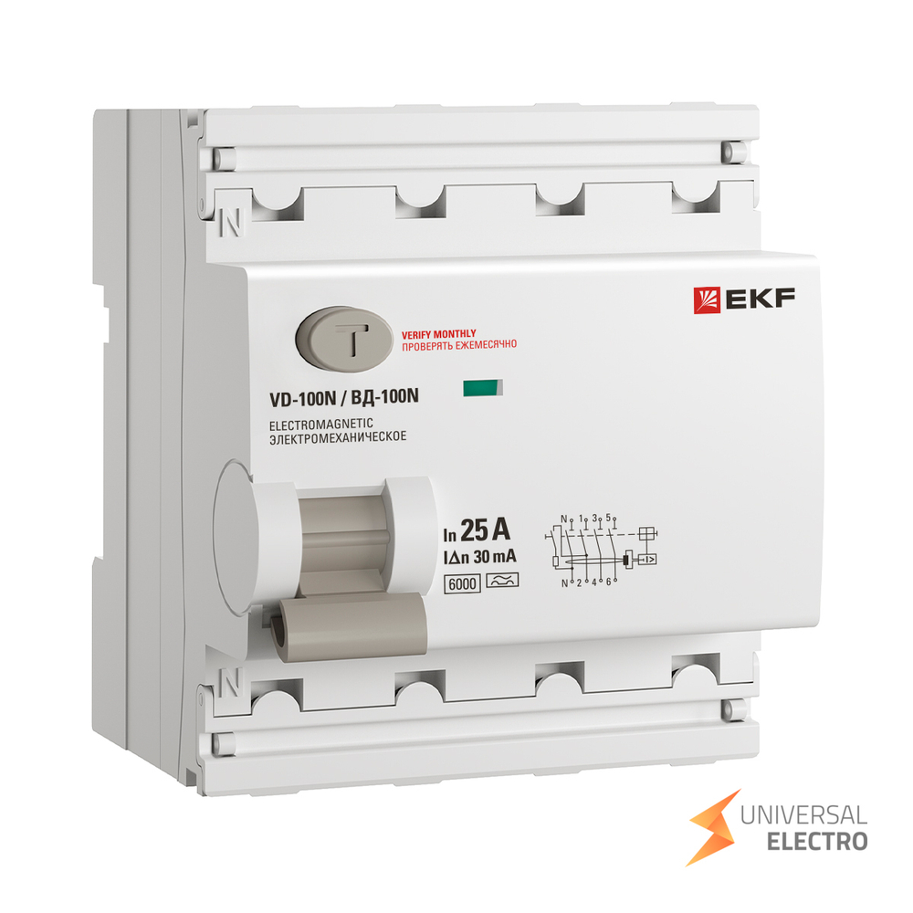 Выключатель дифференциального тока ВД-100N 4P 25А 30мА тип A эл-мех 6кА PROXIMA EKF